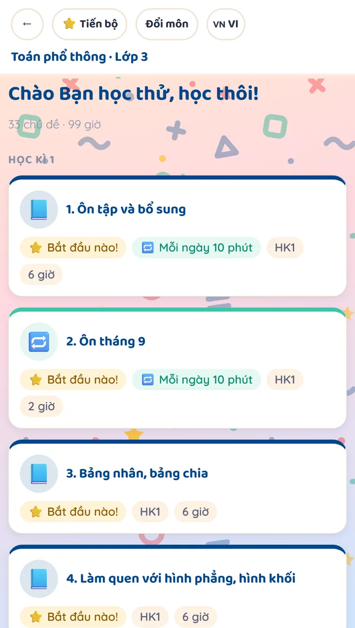 Bản đồ chủ đề trong app, xếp đúng thứ tự con học ở trường, có cả bài ôn theo tháng