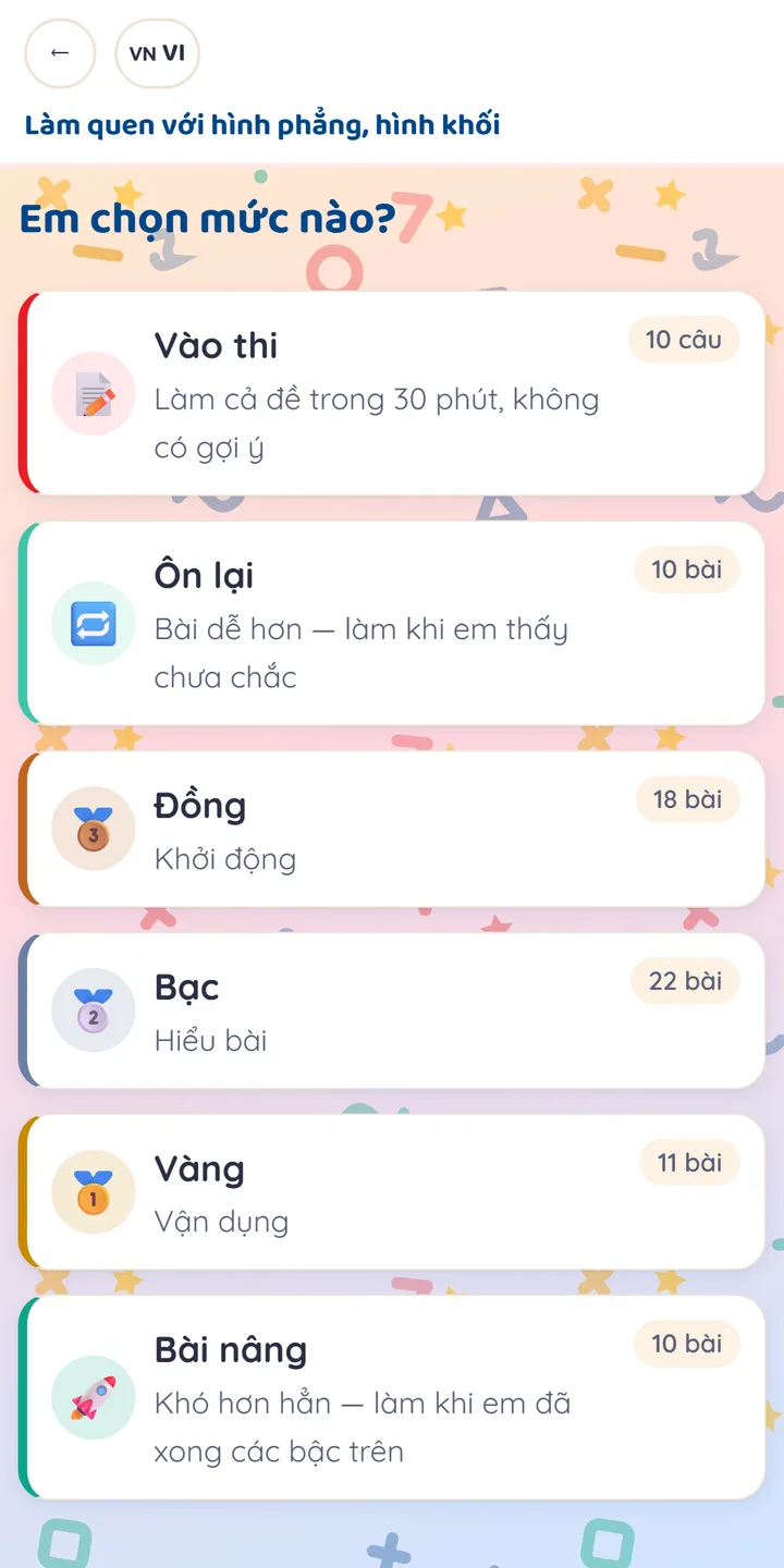 Bài luyện chia bốn mức Đồng, Bạc, Vàng, Bài nâng — câu nào sai cũng được chỉ lại cách làm