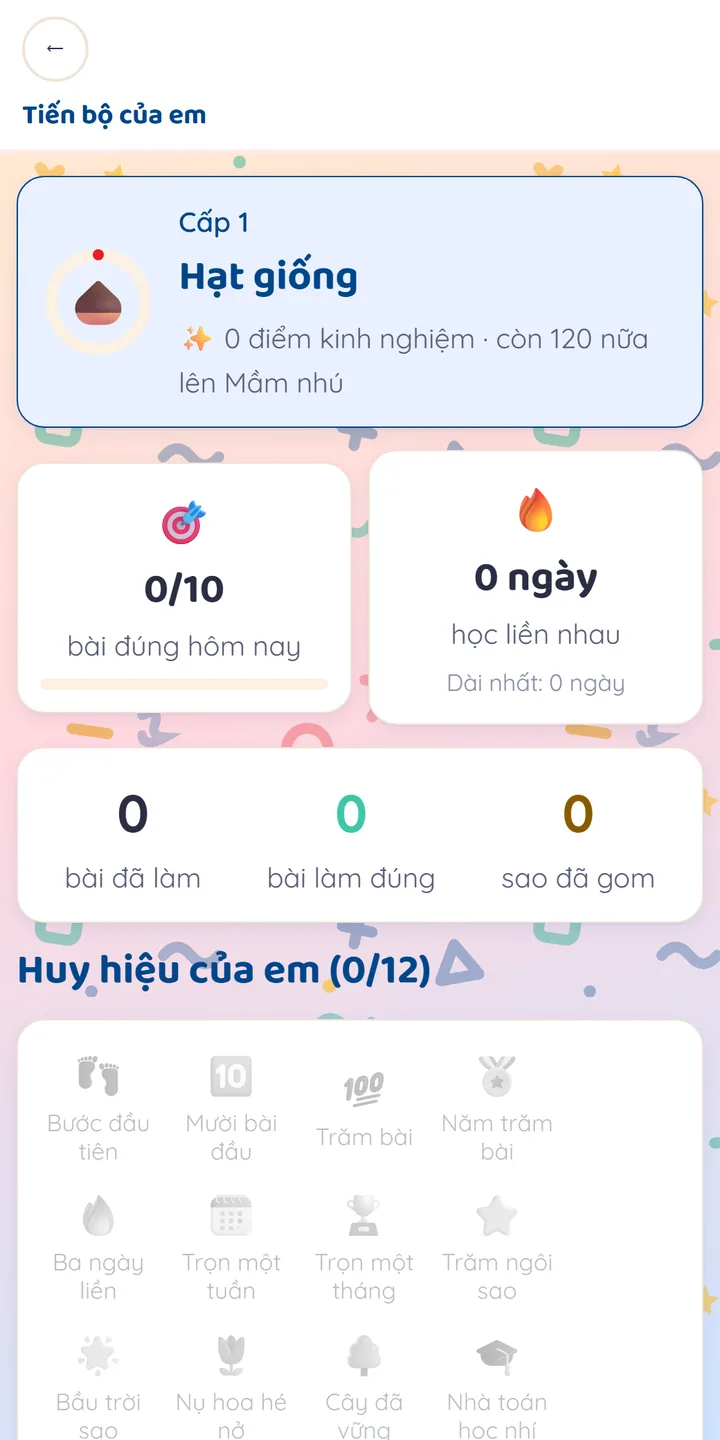 Mục Tiến bộ: điểm kinh nghiệm, mục tiêu mỗi ngày, chuỗi ngày học liên tiếp và bộ huy hiệu